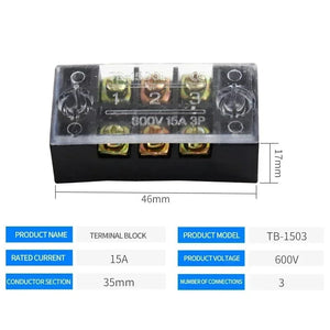 Conversions Tech TB-1503 15A/25A/45A 600V Dual Row Barrier Screw Terminal Block Wire Connector TB Series 3/4/5/6/8/10/12 PIN Optional TB-1503 TB-2503