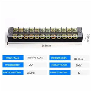 Conversions Tech TB-2512 15A/25A/45A 600V Dual Row Barrier Screw Terminal Block Wire Connector TB Series 3/4/5/6/8/10/12 PIN Optional TB-1503 TB-2503