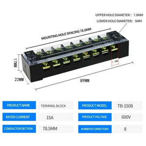 Conversions Tech TB-1508 15A/25A/45A 600V Dual Row Barrier Screw Terminal Block Wire Connector TB Series 3/4/5/6/8/10/12 PIN Optional TB-1503 TB-2503