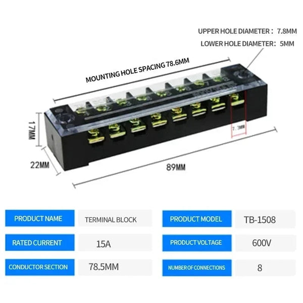 Conversions Tech TB-1508 15A/25A/45A 600V Dual Row Barrier Screw Terminal Block Wire Connector TB Series 3/4/5/6/8/10/12 PIN Optional TB-1503 TB-2503