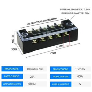Conversions Tech TB-2505 15A/25A/45A 600V Dual Row Barrier Screw Terminal Block Wire Connector TB Series 3/4/5/6/8/10/12 PIN Optional TB-1503 TB-2503