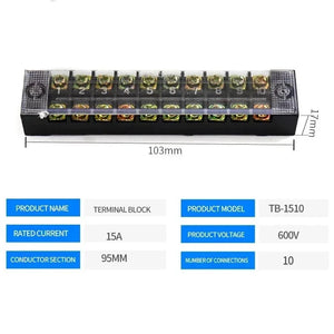 Conversions Tech TB-1510 15A/25A/45A 600V Dual Row Barrier Screw Terminal Block Wire Connector TB Series 3/4/5/6/8/10/12 PIN Optional TB-1503 TB-2503