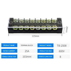 Conversions Tech TB-2508 15A/25A/45A 600V Dual Row Barrier Screw Terminal Block Wire Connector TB Series 3/4/5/6/8/10/12 PIN Optional TB-1503 TB-2503