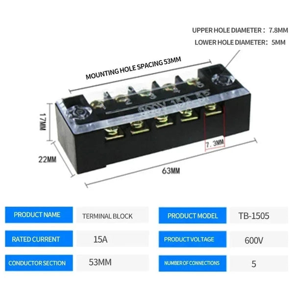 Conversions Tech TB-1505 15A/25A/45A 600V Dual Row Barrier Screw Terminal Block Wire Connector TB Series 3/4/5/6/8/10/12 PIN Optional TB-1503 TB-2503