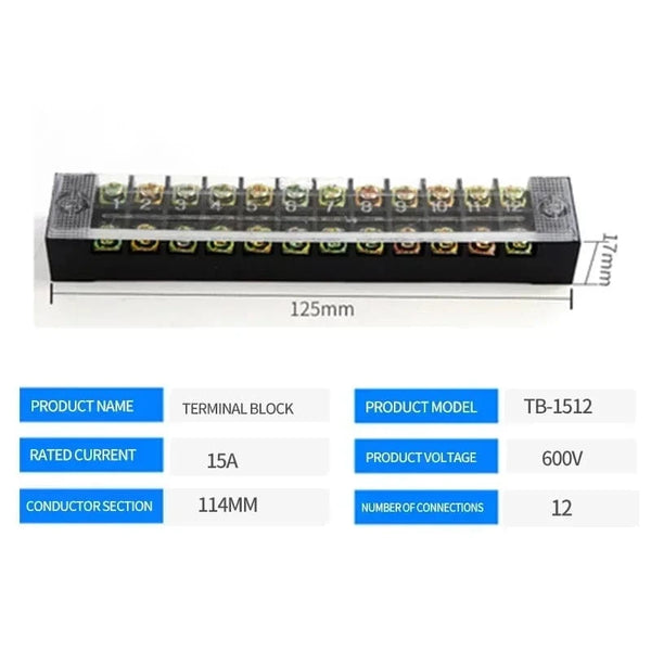Conversions Tech TB-1512 15A/25A/45A 600V Dual Row Barrier Screw Terminal Block Wire Connector TB Series 3/4/5/6/8/10/12 PIN Optional TB-1503 TB-2503