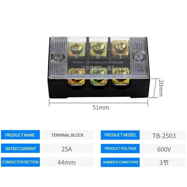 Conversions Tech TB-2503 15A/25A/45A 600V Dual Row Barrier Screw Terminal Block Wire Connector TB Series 3/4/5/6/8/10/12 PIN Optional TB-1503 TB-2503