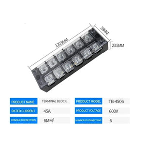 Conversions Tech TB-4506 15A/25A/45A 600V Dual Row Barrier Screw Terminal Block Wire Connector TB Series 3/4/5/6/8/10/12 PIN Optional TB-1503 TB-2503