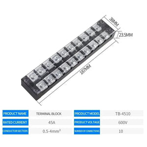Conversions Tech TB-4510 15A/25A/45A 600V Dual Row Barrier Screw Terminal Block Wire Connector TB Series 3/4/5/6/8/10/12 PIN Optional TB-1503 TB-2503