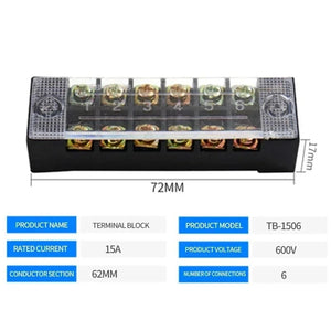 Conversions Tech TB-1506 15A/25A/45A 600V Dual Row Barrier Screw Terminal Block Wire Connector TB Series 3/4/5/6/8/10/12 PIN Optional TB-1503 TB-2503