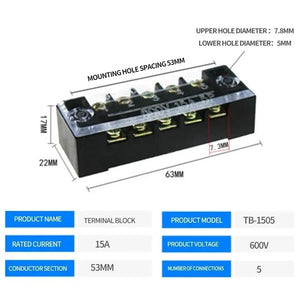 Conversions Tech TB-1505 15A/25A/45A 600V Dual Row Barrier Screw Terminal Block Wire Connector TB Series 3/4/5/6/8/10/12 PIN Optional TB-1503 TB-2503