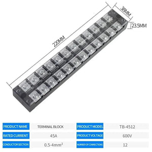 Conversions Tech TB-4512 15A/25A/45A 600V Dual Row Barrier Screw Terminal Block Wire Connector TB Series 3/4/5/6/8/10/12 PIN Optional TB-1503 TB-2503