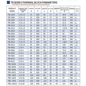 Conversions Tech 15A/25A/45A 600V Dual Row Barrier Screw Terminal Block Wire Connector TB Series 3/4/5/6/8/10/12 PIN Optional TB-1503 TB-2503