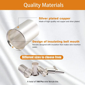 Conversions Tech 166/305 Pcs Wire Ferrules Kits Silver Plated Copper Crimp Terminal Connector 8 Sizes Sleeves Insulated Cord Pin End Terminal