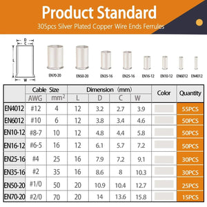 Conversions Tech 166/305 Pcs Wire Ferrules Kits Silver Plated Copper Crimp Terminal Connector 8 Sizes Sleeves Insulated Cord Pin End Terminal