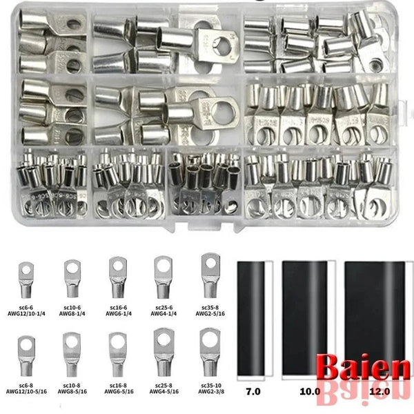 Conversions Tech 200/100/90/60PCS SC Electrical Terminals for Cable Lugs Tinned Copper Lug Ring Wire Connectors Bare Cable Terminals 10 Sizes