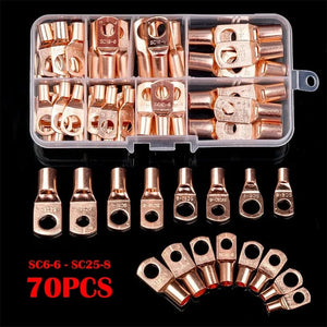 Conversions Tech 70pcs gold 200/100/90/60PCS SC Electrical Terminals for Cable Lugs Tinned Copper Lug Ring Wire Connectors Bare Cable Terminals 10 Sizes