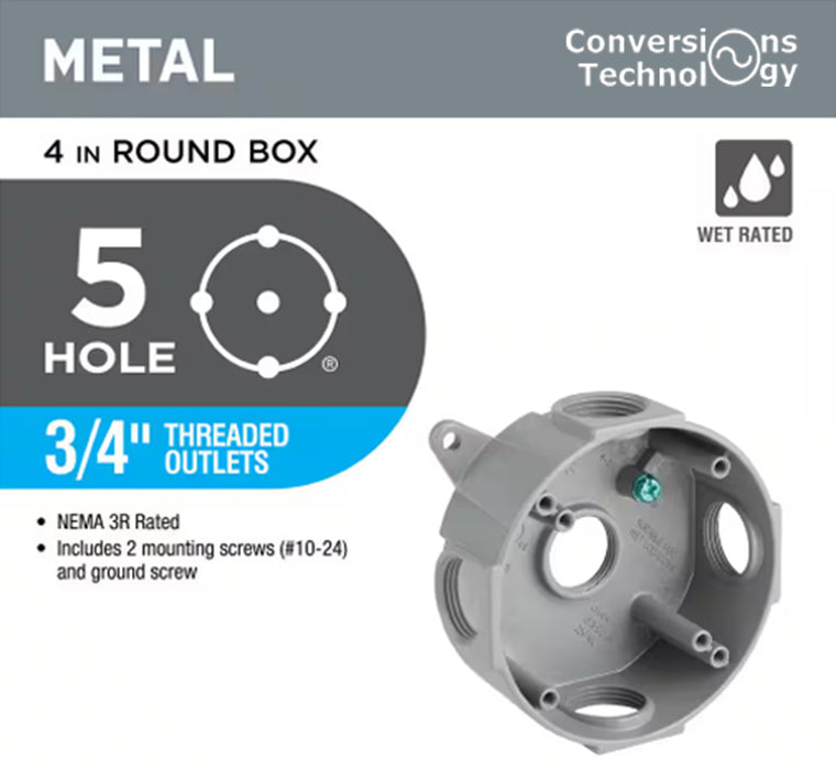 4 in Round Metallic Weatherproof Box with (5) 3/4 in. Holes, Gray