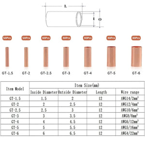 Conversions Tech 250pcs kit 250Pcs Wire Ferrules Kit 7 Size Copper Crimp Connector Non Insulated Electrical Butt Terminal Assortment Kit