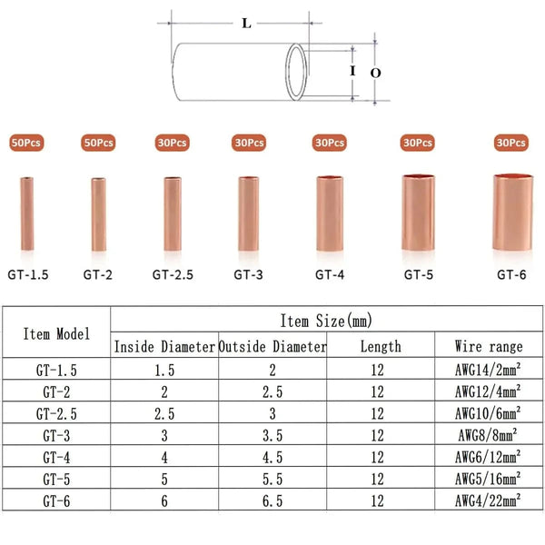Conversions Tech 250pcs kit 250Pcs Wire Ferrules Kit 7 Size Copper Crimp Connector Non Insulated Electrical Butt Terminal Assortment Kit