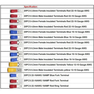 Conversions Tech 280pcs/box 280pcs Spade Insulated Terminals Cable Connector Electrical Wire Crimp Butt Ring Fork Set Ring Lugs Rolled Crimp