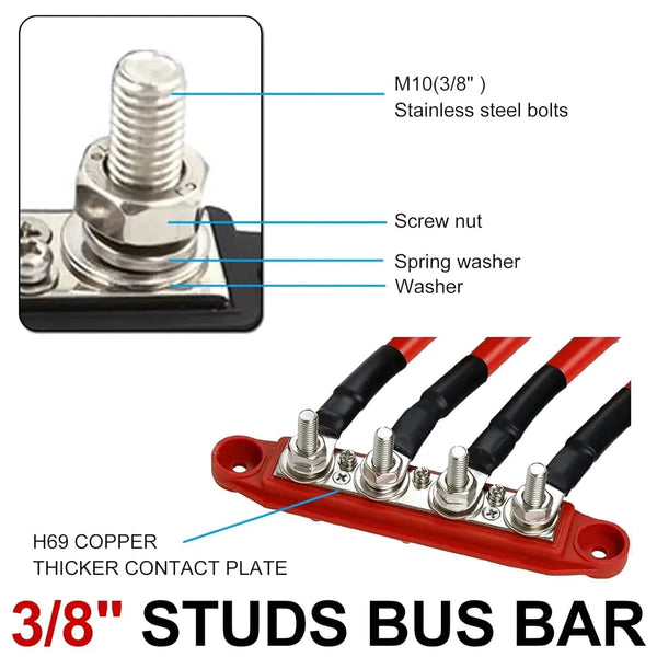 Conversions Tech 2pcs 4 Stud Busbar Bus Bar Power Distribution M8 M10 Battery Terminal Distribution Block Marine Bus Bar, Automotive 12V 250A