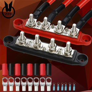 Conversions Tech 2pcs 4 Stud Busbar Bus Bar Power Distribution M8 M10 Battery Terminal Distribution Block Marine Bus Bar, Automotive 12V 250A