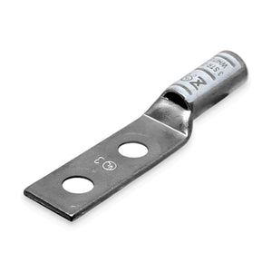 3 AWG Copper Compression Lug, 2-Hole, Long Barrel, 1/4 in Stud, Tin Plated