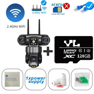 Conversions Tech WIFI Cam 128G Card / EU Plug 3 Lens Triple Screen Video Surveillance Camera Wifi Network CCTV Camera Wireless 360 Monitor Outdoor Waterproof Security Cameras