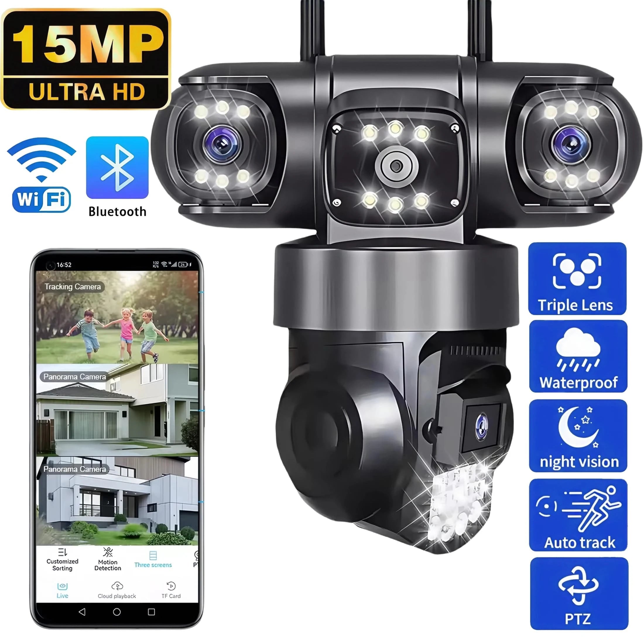 3 Lens Triple Screen Video Surveillance Camera Wifi Network CCTV Camer ...