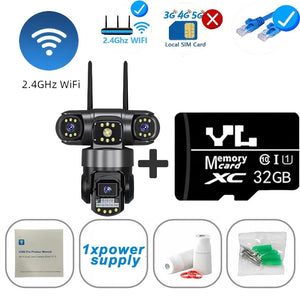 Conversions Tech WIFI Cam 32G Card / AU Plug 3 Lens Triple Screen Video Surveillance Camera Wifi Network CCTV Camera Wireless 360 Monitor Outdoor Waterproof Security Cameras
