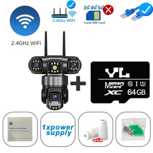 Conversions Tech WIFI Cam 64G Card / EU Plug 3 Lens Triple Screen Video Surveillance Camera Wifi Network CCTV Camera Wireless 360 Monitor Outdoor Waterproof Security Cameras