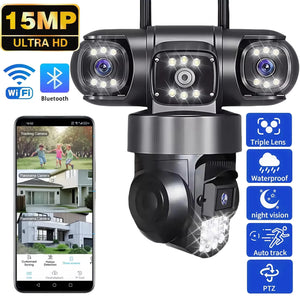 Conversions Tech 3 Lens Triple Screen Video Surveillance Camera Wifi Network CCTV Camera Wireless 360 Monitor Outdoor Waterproof Security Cameras