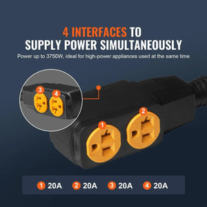 Conversions Tech Default 30-Amp Generator Extension Cord 25 Feet Heavy Duty Outdoor Power Cable 125V 3750W NEMA L14-30P Four NEMA 5-20R Flexible Power