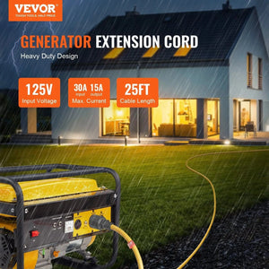 Conversions Tech 25 ft 30-Amp Generator Extension Cord, 25 Ft, 125V 375W Heavy Duty Generator Outdoor Power Cord, NEMA L5-30P / Three NEMA 5-15R STJW F