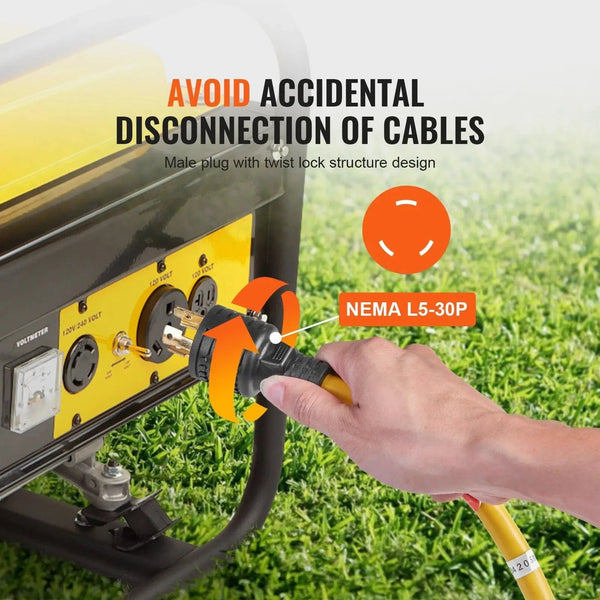 Conversions Tech 25 ft 30-Amp Generator Extension Cord, 25 Ft, 125V 375W Heavy Duty Generator Outdoor Power Cord, NEMA L5-30P / Three NEMA 5-15R STJW F