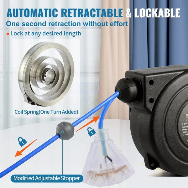 Conversions Tech Default 30FT 16AWG/3C SJTOW Retractable Extension Cord Reel Power Cord Reel for Convenient Use