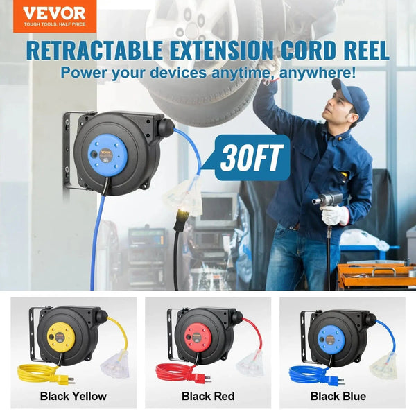 Conversions Tech Default 30FT 16AWG/3C SJTOW Retractable Extension Cord Reel Power Cord Reel for Convenient Use