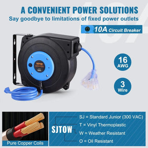 Conversions Tech Default 30FT 16AWG/3C SJTOW Retractable Extension Cord Reel Power Cord Reel for Convenient Use