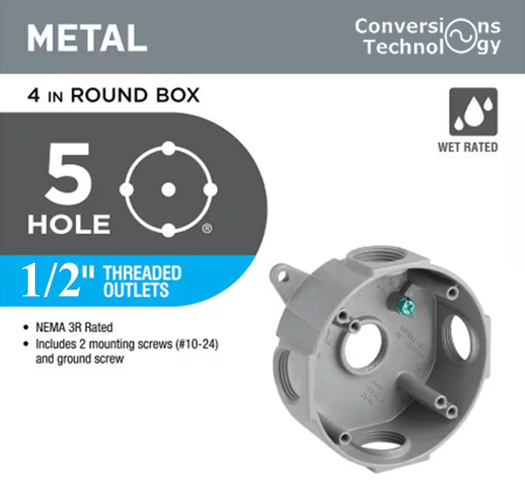 Conversions Technology weatherproof boxes 4 in Round Metallic Weatherproof Box with (5) 1/2 in. Holes, Gray
