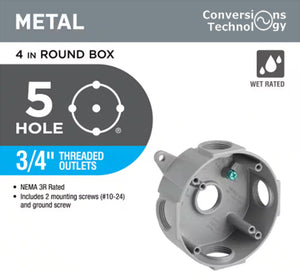 Conversions Technology weatherproof boxes 4 in Round Metallic Weatherproof Box with (5) 3/4 in. Holes, Gray