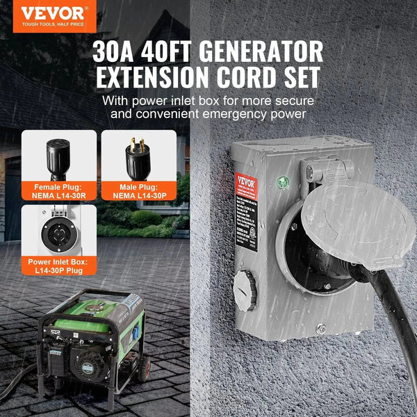 Conversions Tech Default 40 FT NEMA L14-30P/L14-30R STW 10 AWG Generator Power Extension Cord Kit 30 Amp Twist Lock Connector Pre-Drilled Inlet Box RV