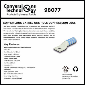 Conversions Tech Electrical > Connectors > Compression Lugs 400 MCM Copper Compression Lug – 1-Hole, 1/2" Stud, Long Barrel | Conversions Tech