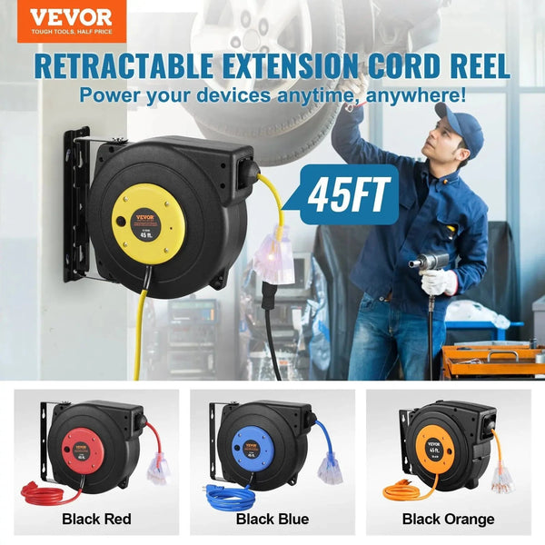 Conversions Tech Default 45FT 12AWG/3C SJTOW Retractable Extension Cord Reel Power Cord Reel for Convenient Use