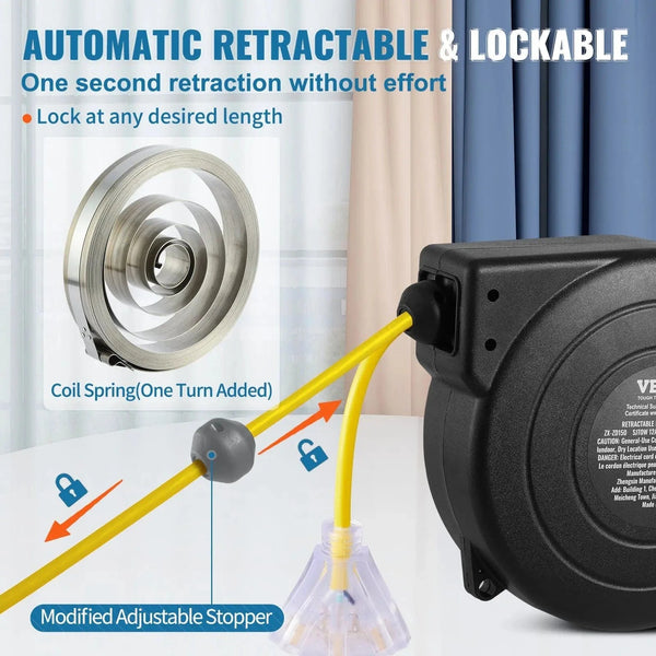 Conversions Tech Default 45FT 12AWG/3C SJTOW Retractable Extension Cord Reel Power Cord Reel for Convenient Use