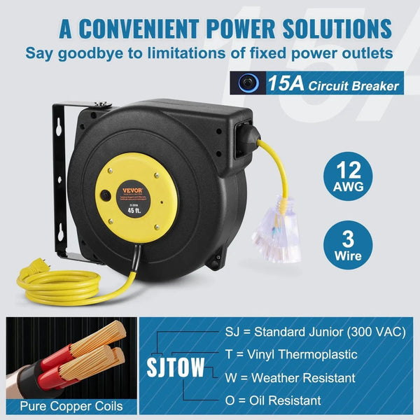 Conversions Tech Default 45FT 12AWG/3C SJTOW Retractable Extension Cord Reel Power Cord Reel for Convenient Use