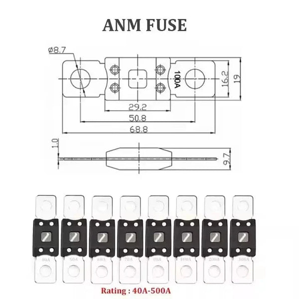 Conversions Tech 32 V / 40-500A 48V 100A ANM MEGA Inline Fuse Holder Bolt-Down Studs 6Way Fuse Box for Boat RV Auto