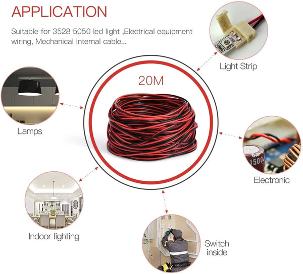 Conversions Tech 5/10/20/30m 2pin 22 AWG UL2468 2*0.5mm Extension Cable use for 12v 24v LED Strip Tape String Connect Electric Wire