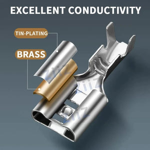 Conversions Tech 50/100Pcs Electric Wire Connectors Set 4.8/6.3mm With lock Female and male Crimp Terminal Connector Brass Silver Car Speaker