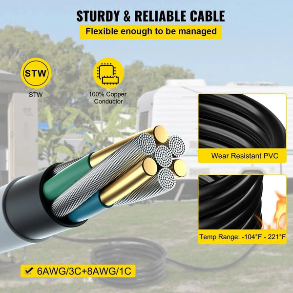 Conversions Tech Default 50 Amp Generator Extension Cord 30 Ft STW 6/3 + 8/1 125V 250V Power Cord with N14-50P SS2-50R CS6364 Twist Lock Connectors