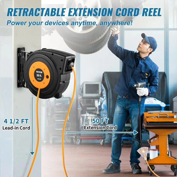Conversions Tech Default 50ft Retractable 14AWG/3CSJTOW Power Cord Reel Extension Cord Reel for Convenient Use